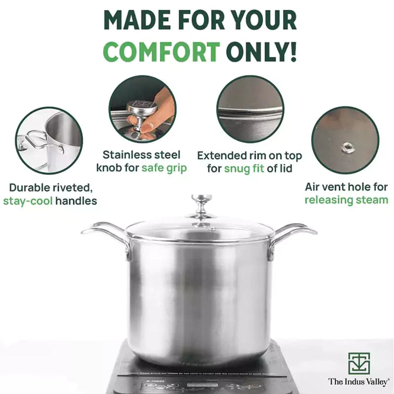 TurboCuk Tri-ply Stainless Steel Tall Biryani Pot/Casserole+ Glass Lid, Premium Quality, 3 Layer Thick Body, 100% Toxin-free, Non-stick, Induction & Gas, 6.5L