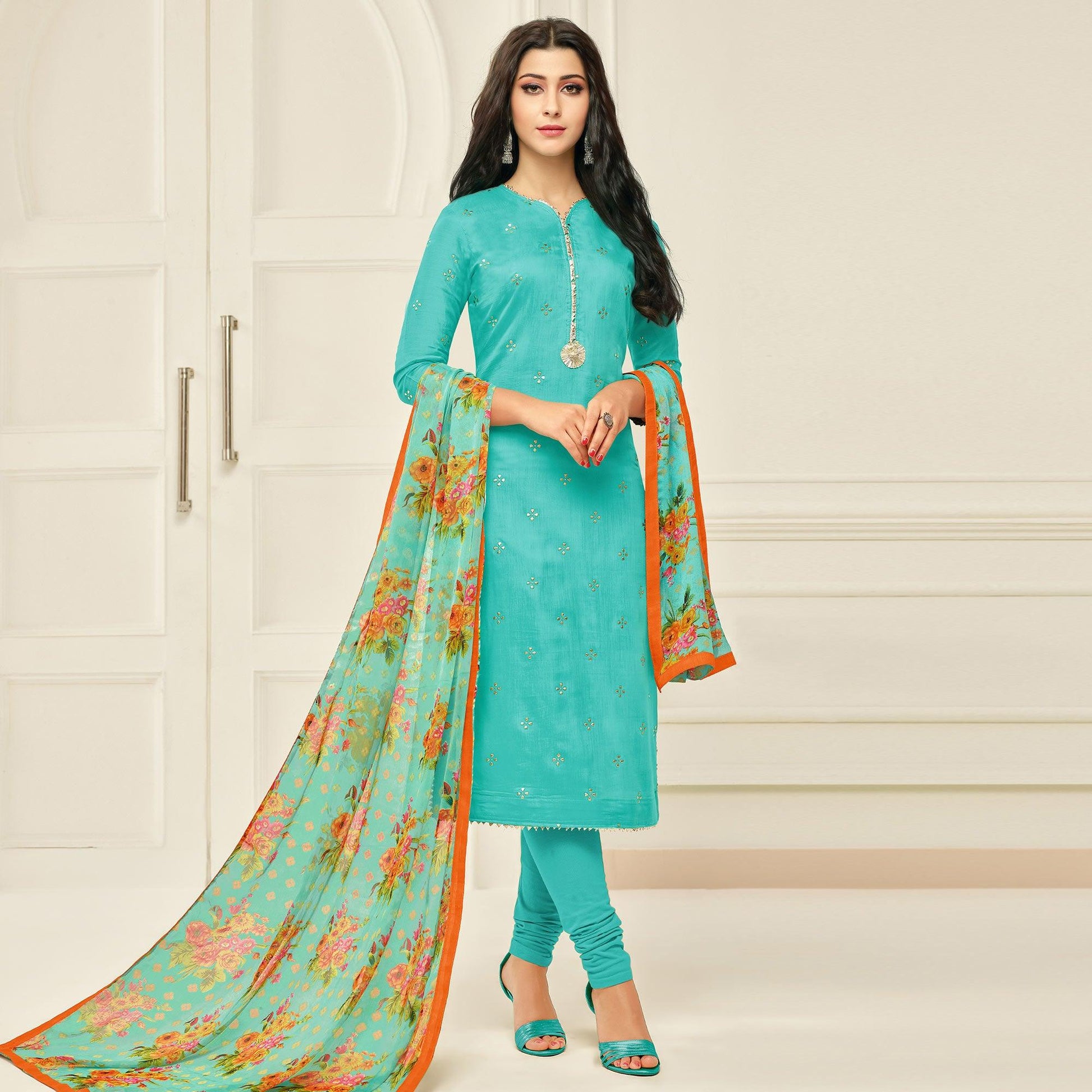 Eye-catching Aqua Blue Colored Casual Wear Embroidered Chanderi Dress Material