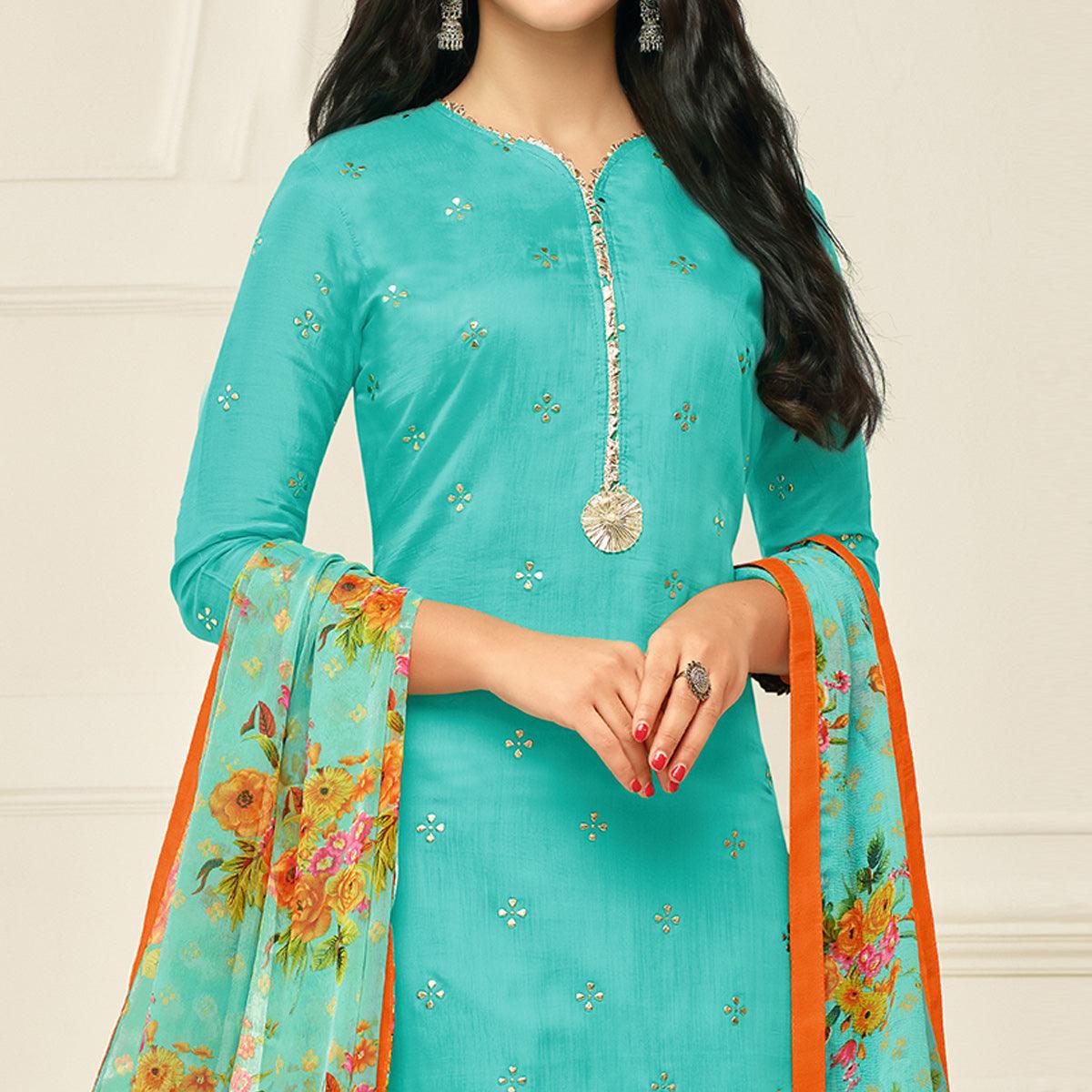 Eye-catching Aqua Blue Colored Casual Wear Embroidered Chanderi Dress Material