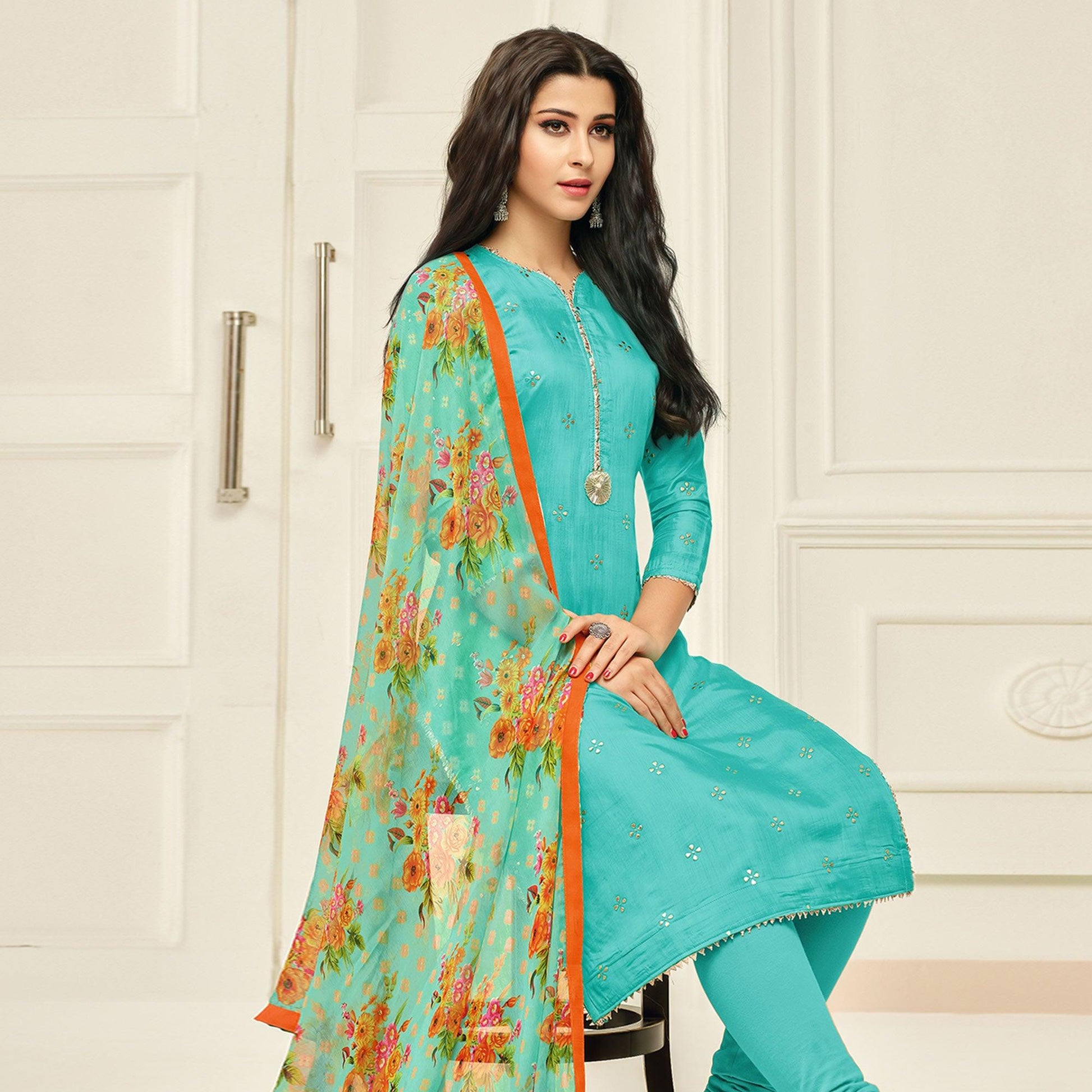 Eye-catching Aqua Blue Colored Casual Wear Embroidered Chanderi Dress Material
