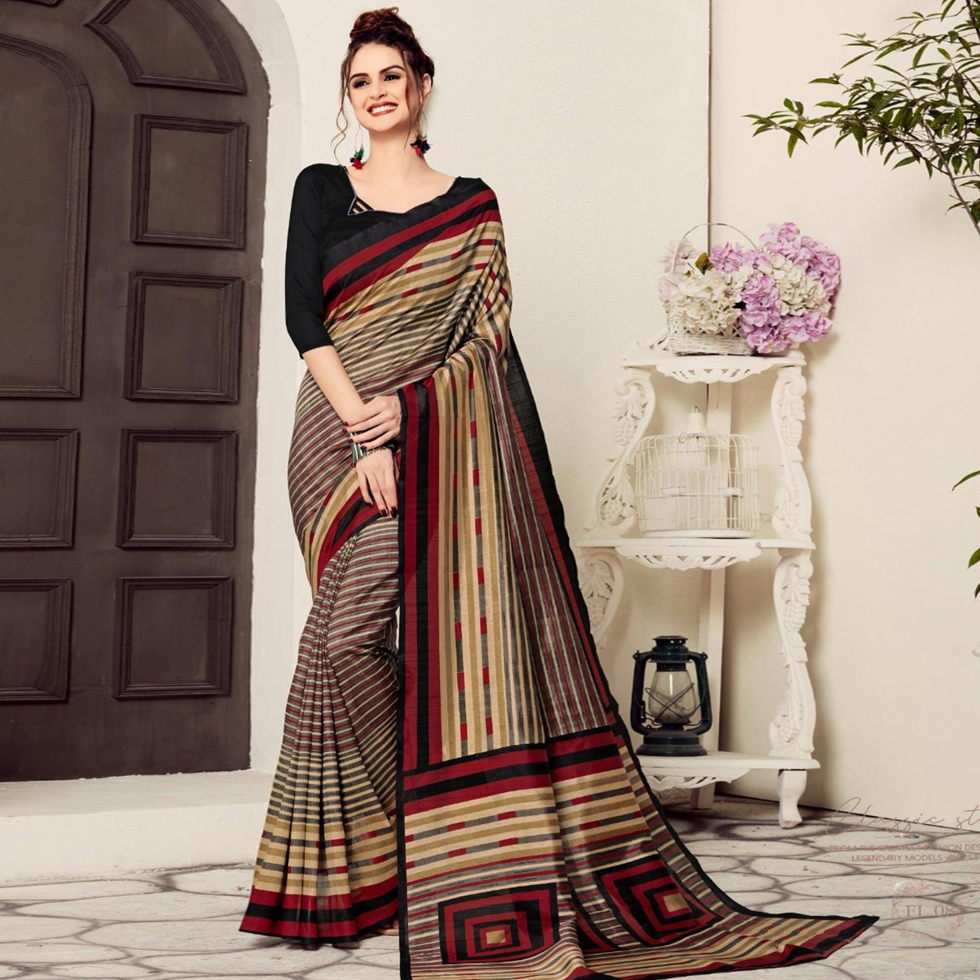 Eye-catching Beige-Black Colored Casual Printed Bhagalpuri Silk Saree