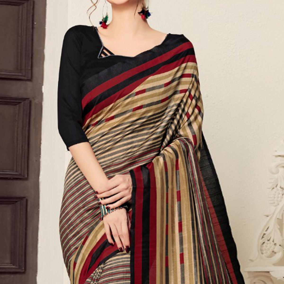 Eye-catching Beige-Black Colored Casual Printed Bhagalpuri Silk Saree