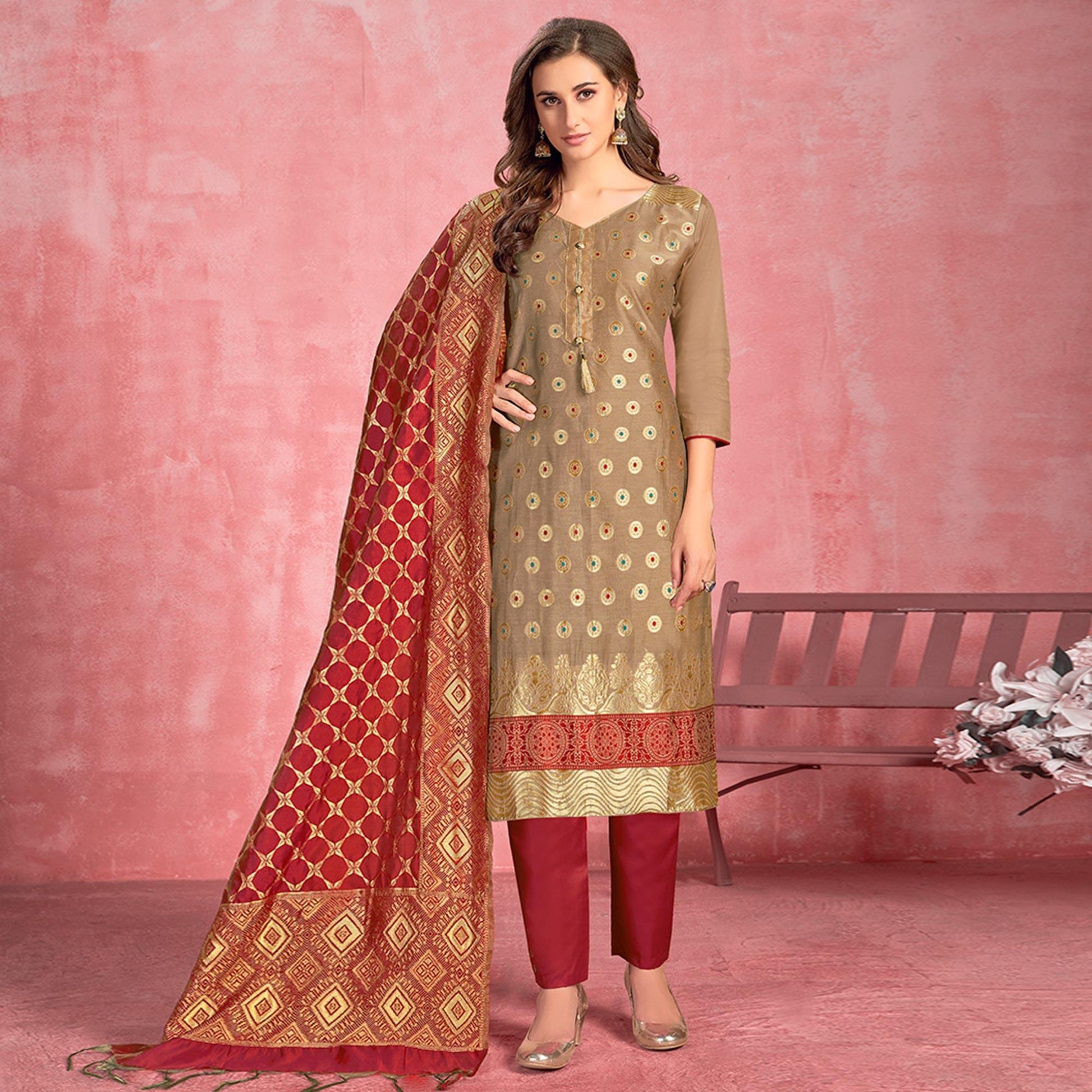 Eye-catching Beige Colored Casual Embroidered Pure Cotton Dress Material