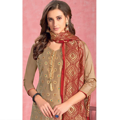 Eye-catching Beige Colored Casual Embroidered Pure Cotton Dress Material