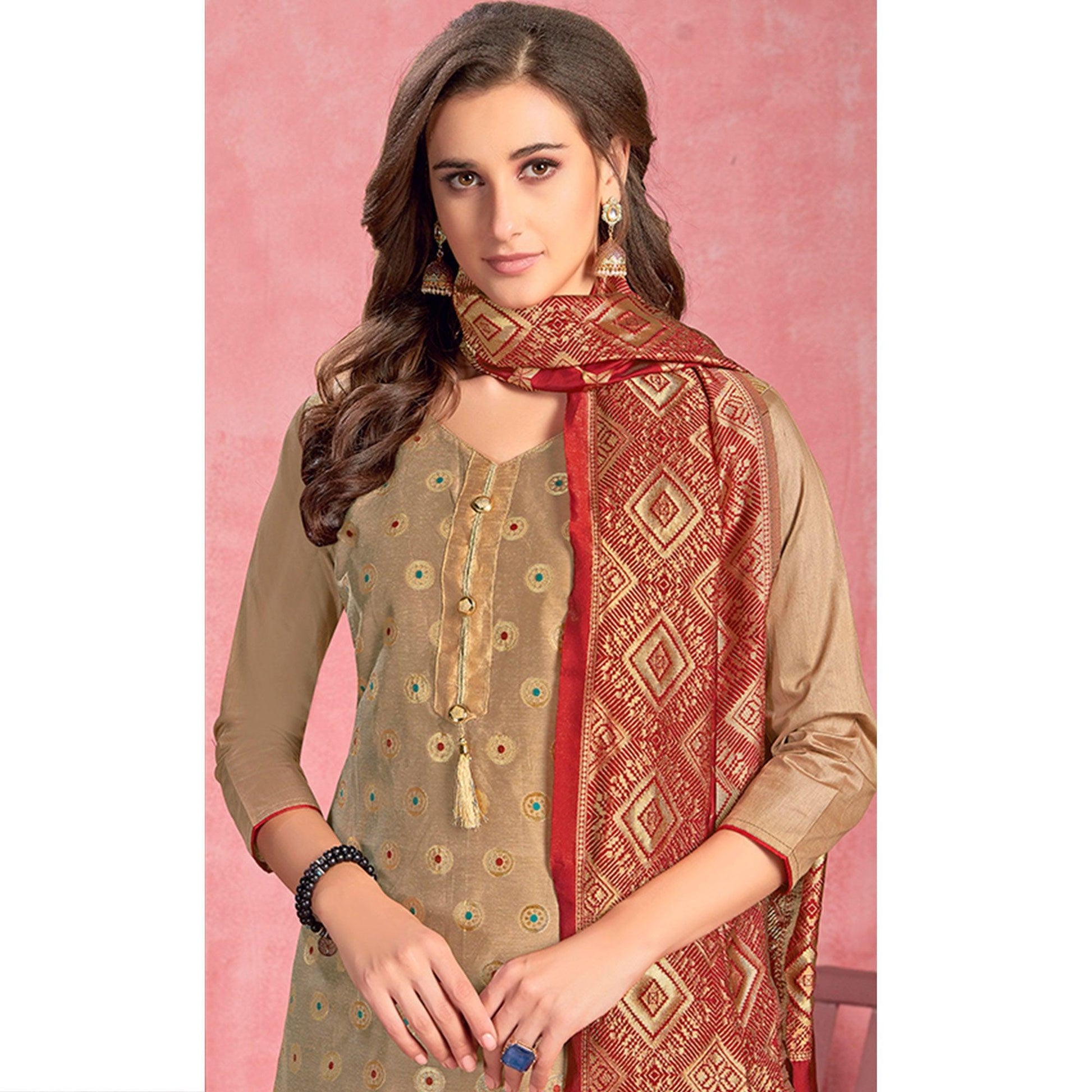 Eye-catching Beige Colored Casual Embroidered Pure Cotton Dress Material