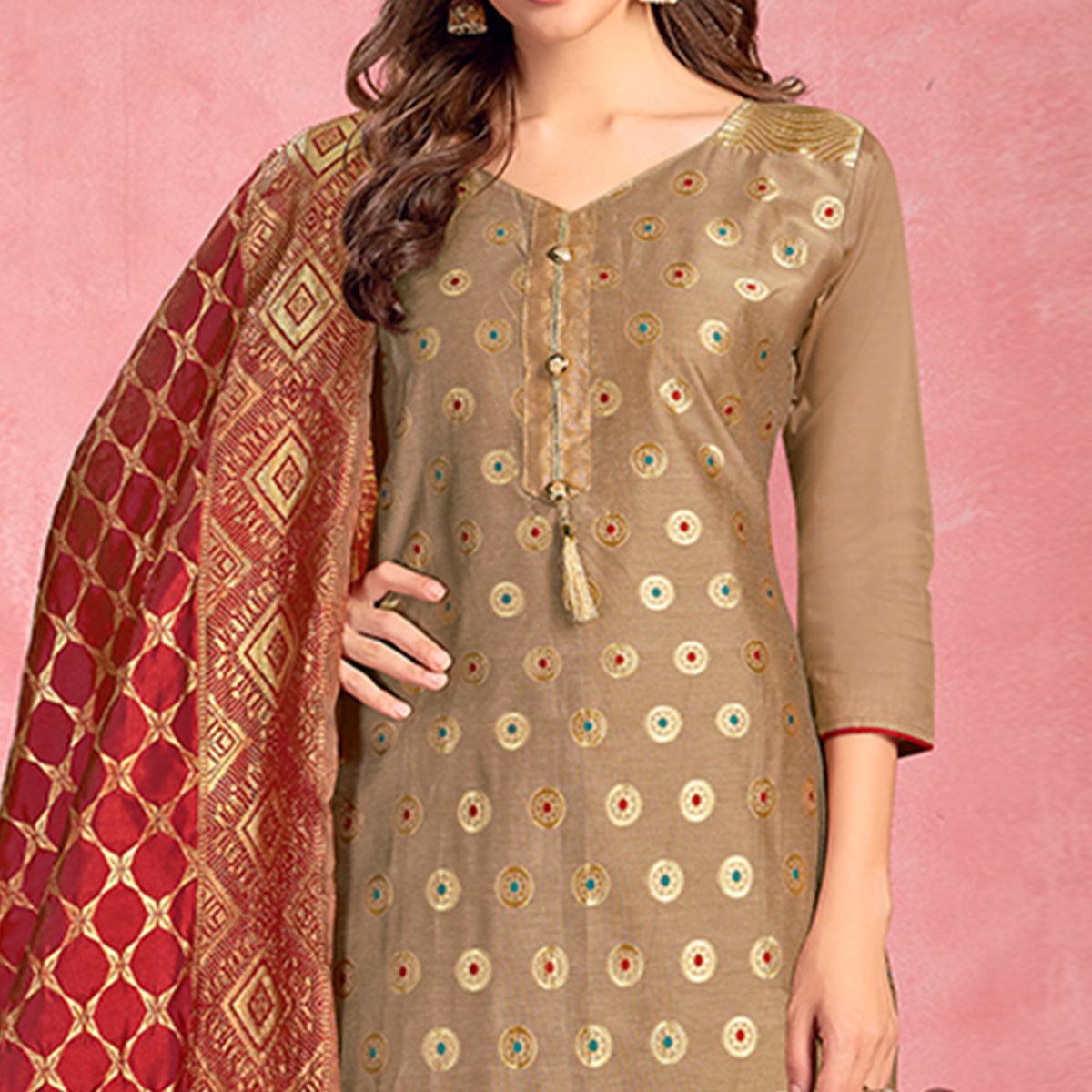 Eye-catching Beige Colored Casual Embroidered Pure Cotton Dress Material