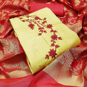 Eye-catching Beige Colored Casual Wear Embroidered Cotton Dress Material With Banarasi Silk Dupatta