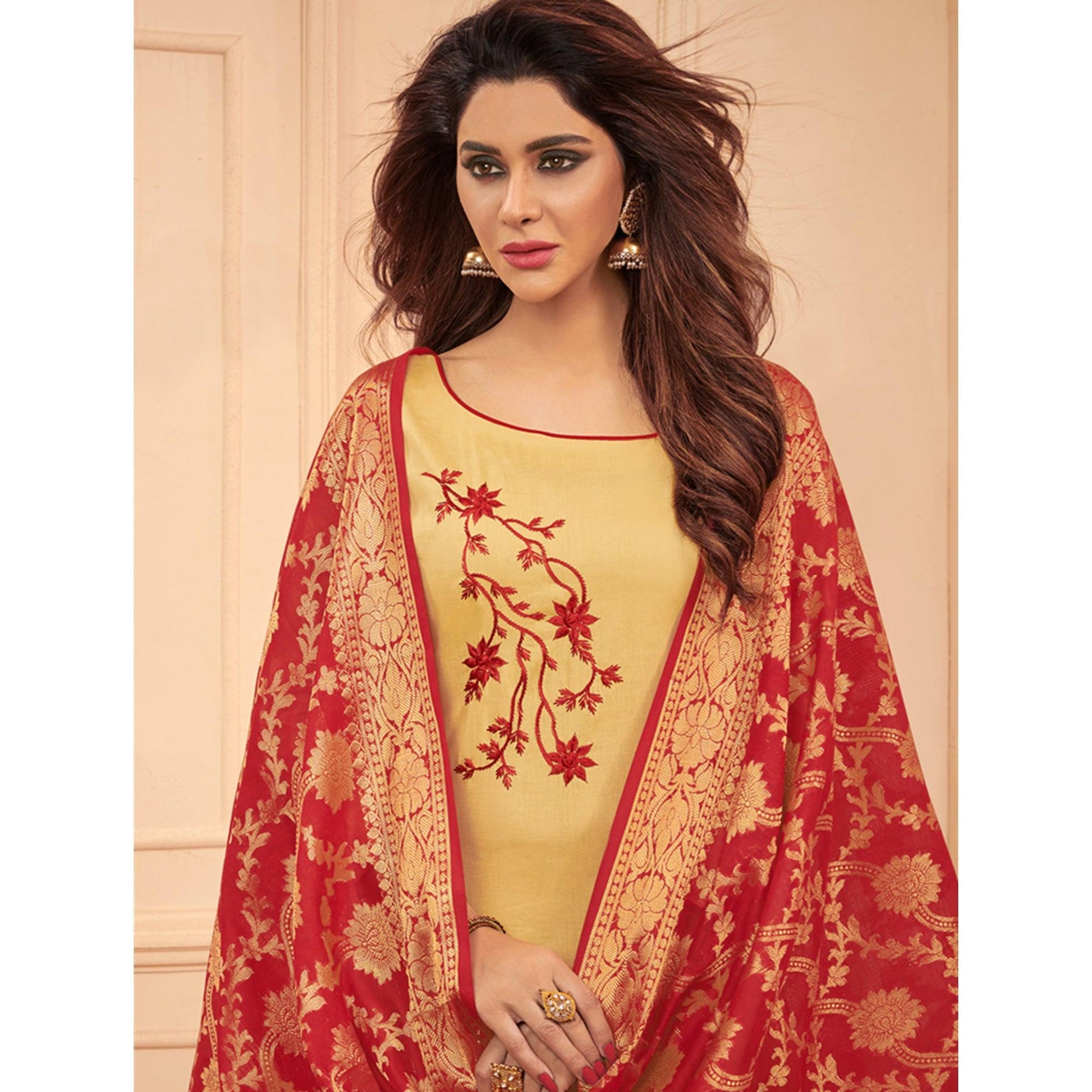 Eye-catching Beige Colored Casual Wear Embroidered Cotton Dress Material With Banarasi Silk Dupatta