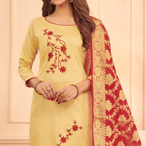 Eye-catching Beige Colored Casual Wear Embroidered Cotton Dress Material With Banarasi Silk Dupatta