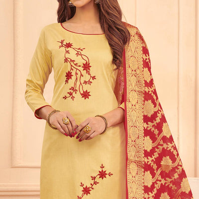Eye-catching Beige Colored Casual Wear Embroidered Cotton Dress Material With Banarasi Silk Dupatta