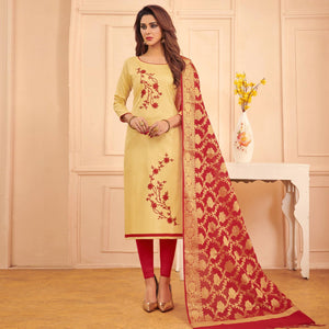 Eye-catching Beige Colored Casual Wear Embroidered Cotton Dress Material With Banarasi Silk Dupatta
