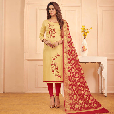 Eye-catching Beige Colored Casual Wear Embroidered Cotton Dress Material With Banarasi Silk Dupatta