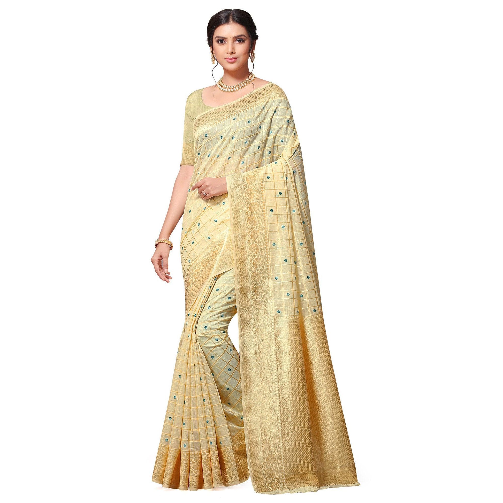 Eye-catching Beige Colored Festive Wear Woven Cotton-Art Silk Saree