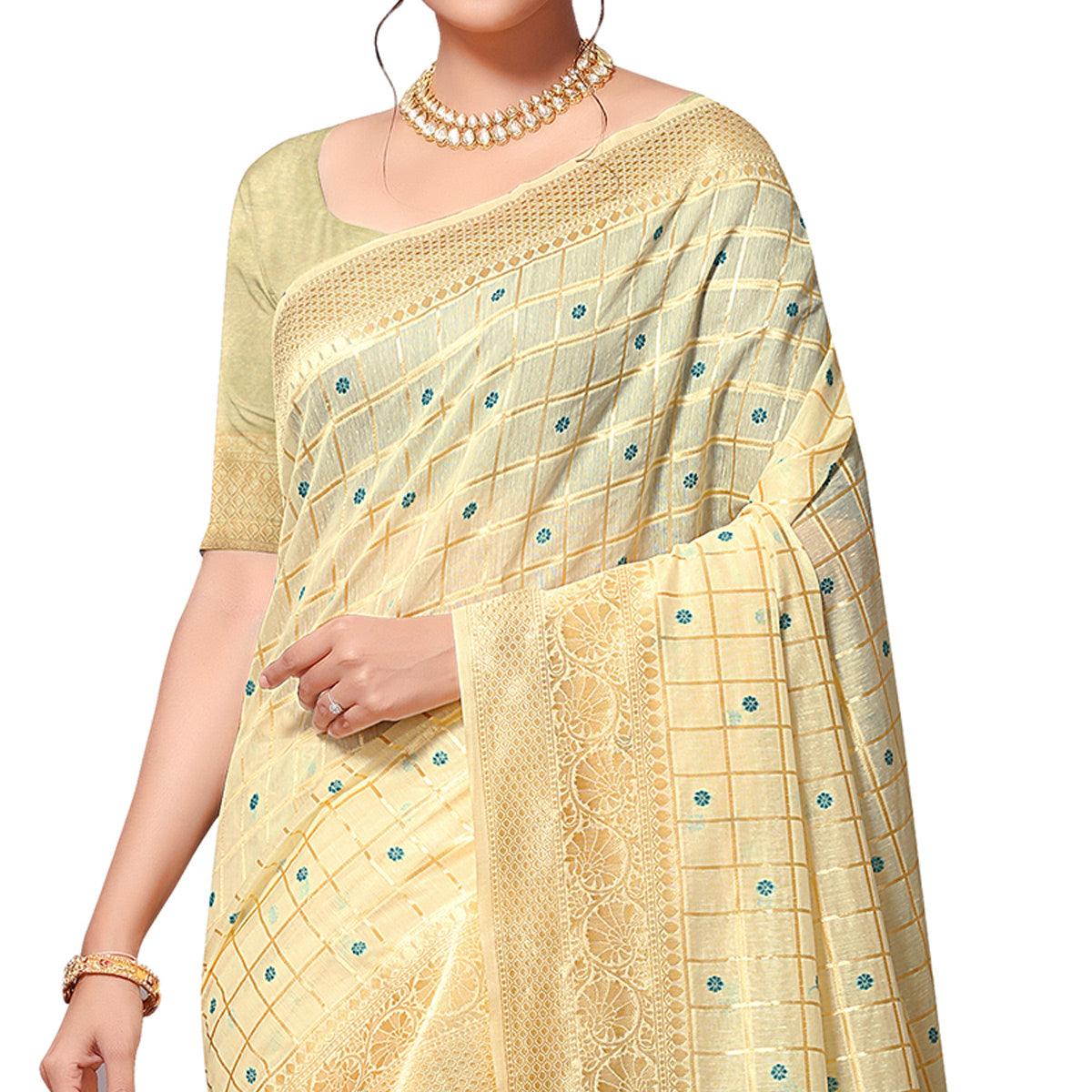 Eye-catching Beige Colored Festive Wear Woven Cotton-Art Silk Saree