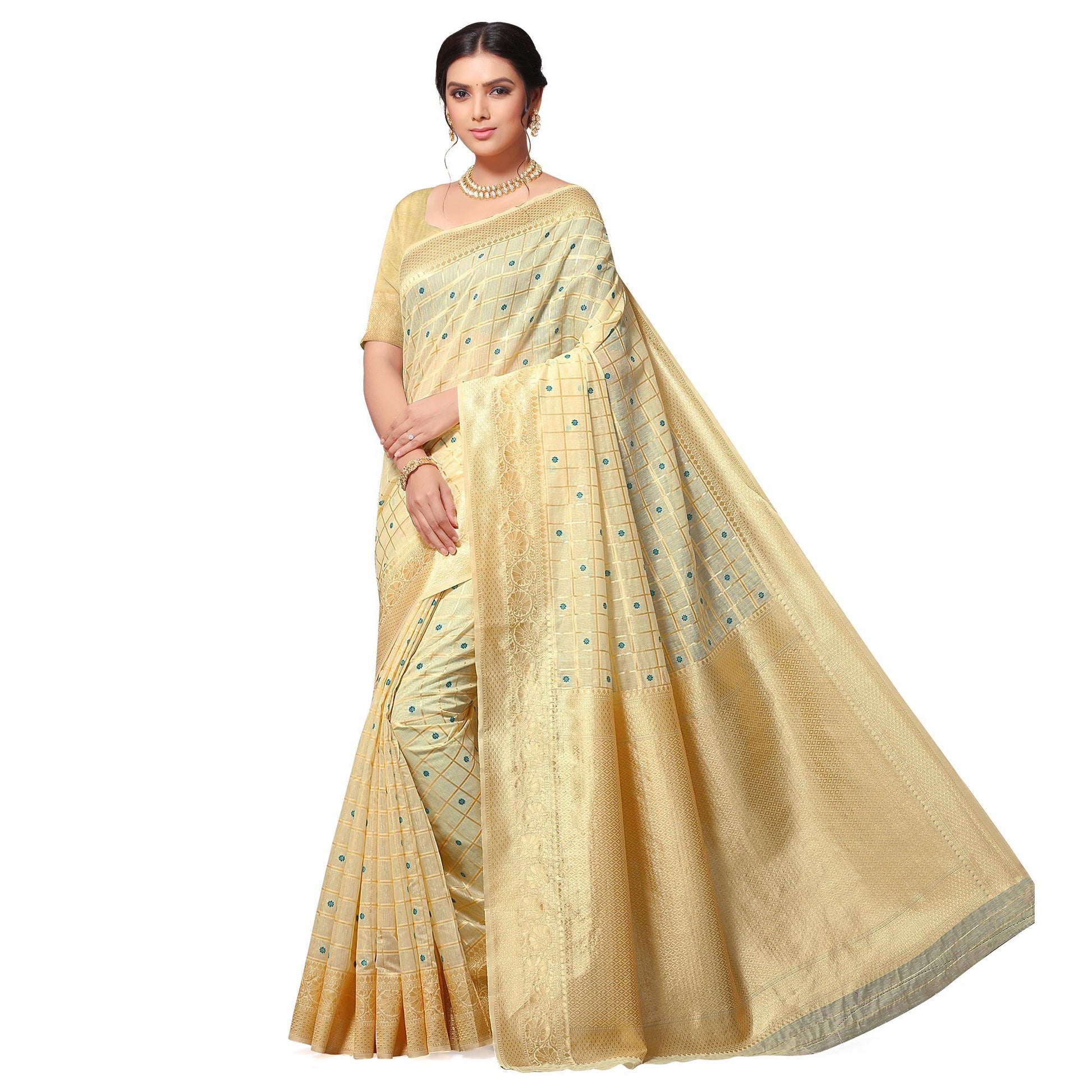 Eye-catching Beige Colored Festive Wear Woven Cotton-Art Silk Saree