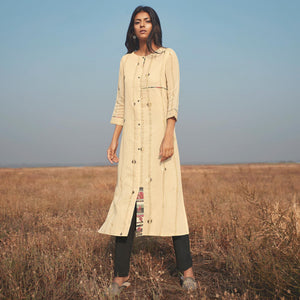 Eye-catching Beige Colored Party Wear Handwork Handloom Cotton Kurti-Pant Set