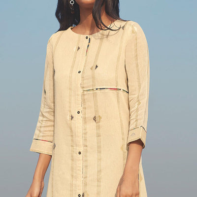 Eye-catching Beige Colored Party Wear Handwork Handloom Cotton Kurti-Pant Set