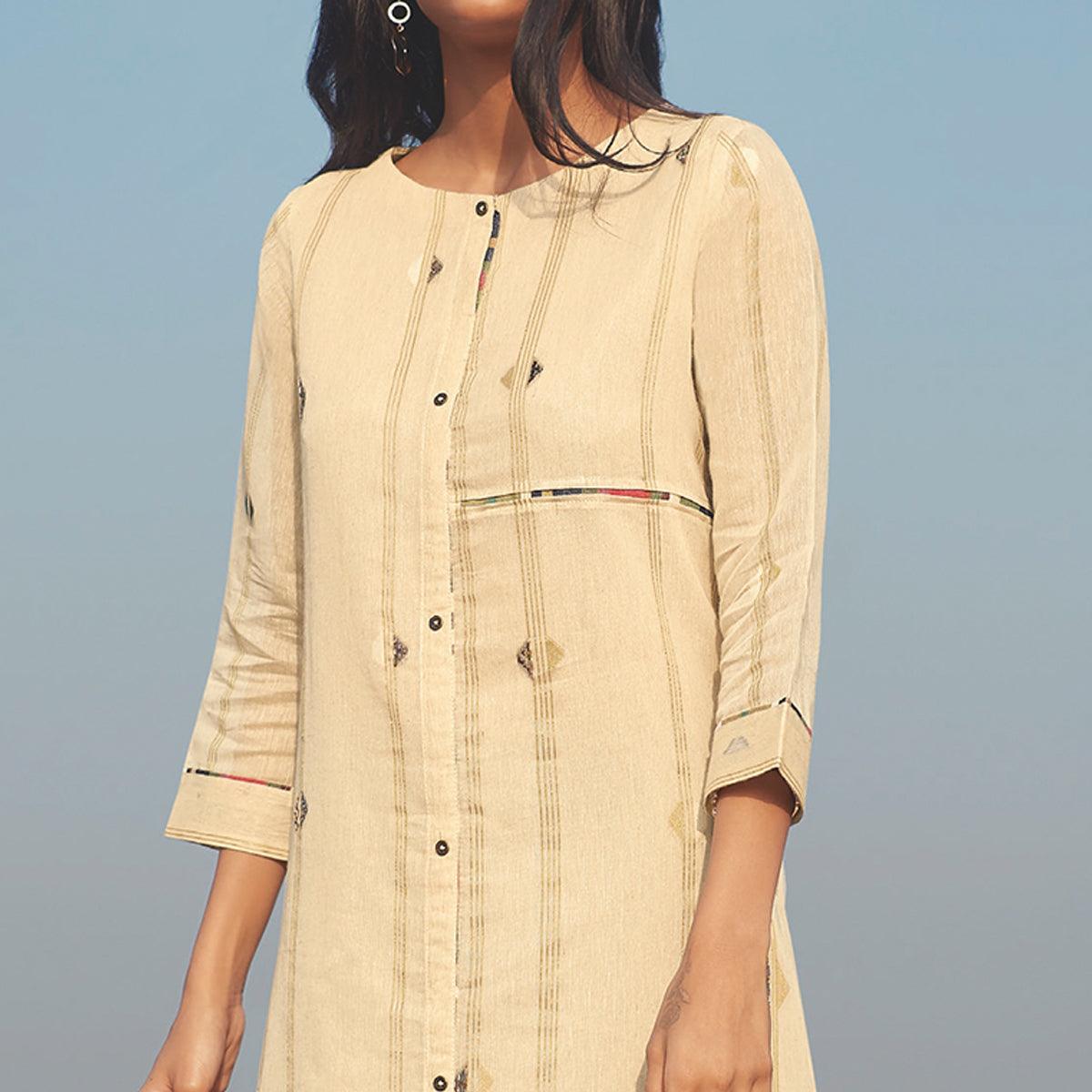 Eye-catching Beige Colored Party Wear Handwork Handloom Cotton Kurti-Pant Set