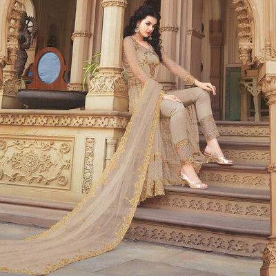 Eye-catching Beige Colored Partywear Embroidered Netted Anarkali With Dual Bottom