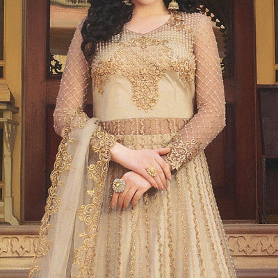 Eye-catching Beige Colored Partywear Embroidered Netted Anarkali With Dual Bottom