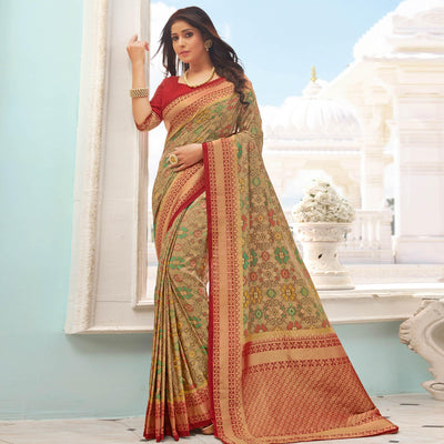 Eye-catching Beige - Red Colored Festive Wear Woven Pure Handloom Silk Saree