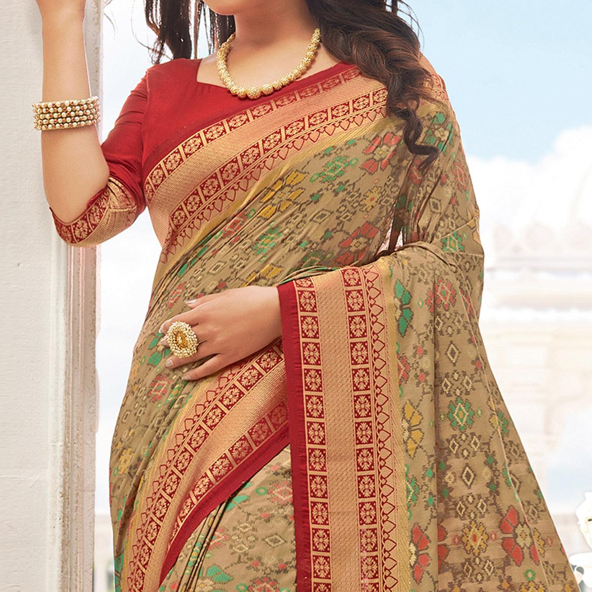 Eye-catching Beige - Red Colored Festive Wear Woven Pure Handloom Silk Saree
