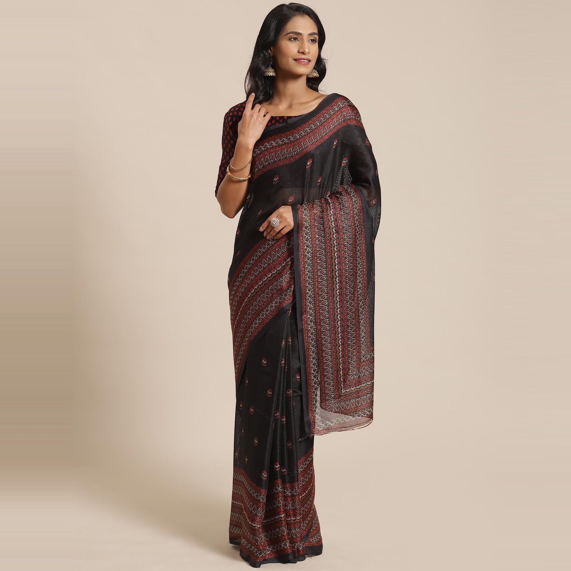 Eye-catching Black Colored Casual Wear Printed Jute Silk Saree