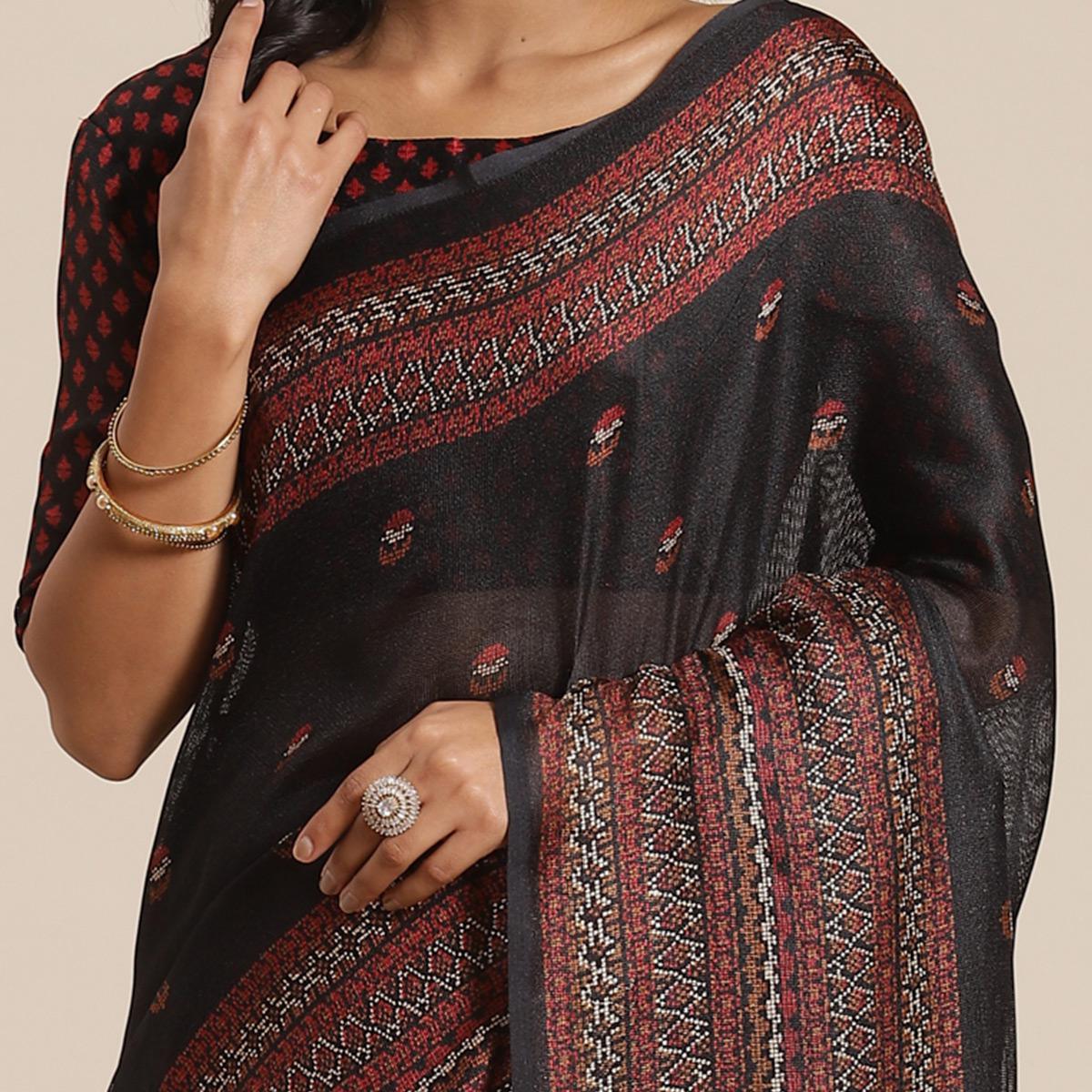 Eye-catching Black Colored Casual Wear Printed Jute Silk Saree
