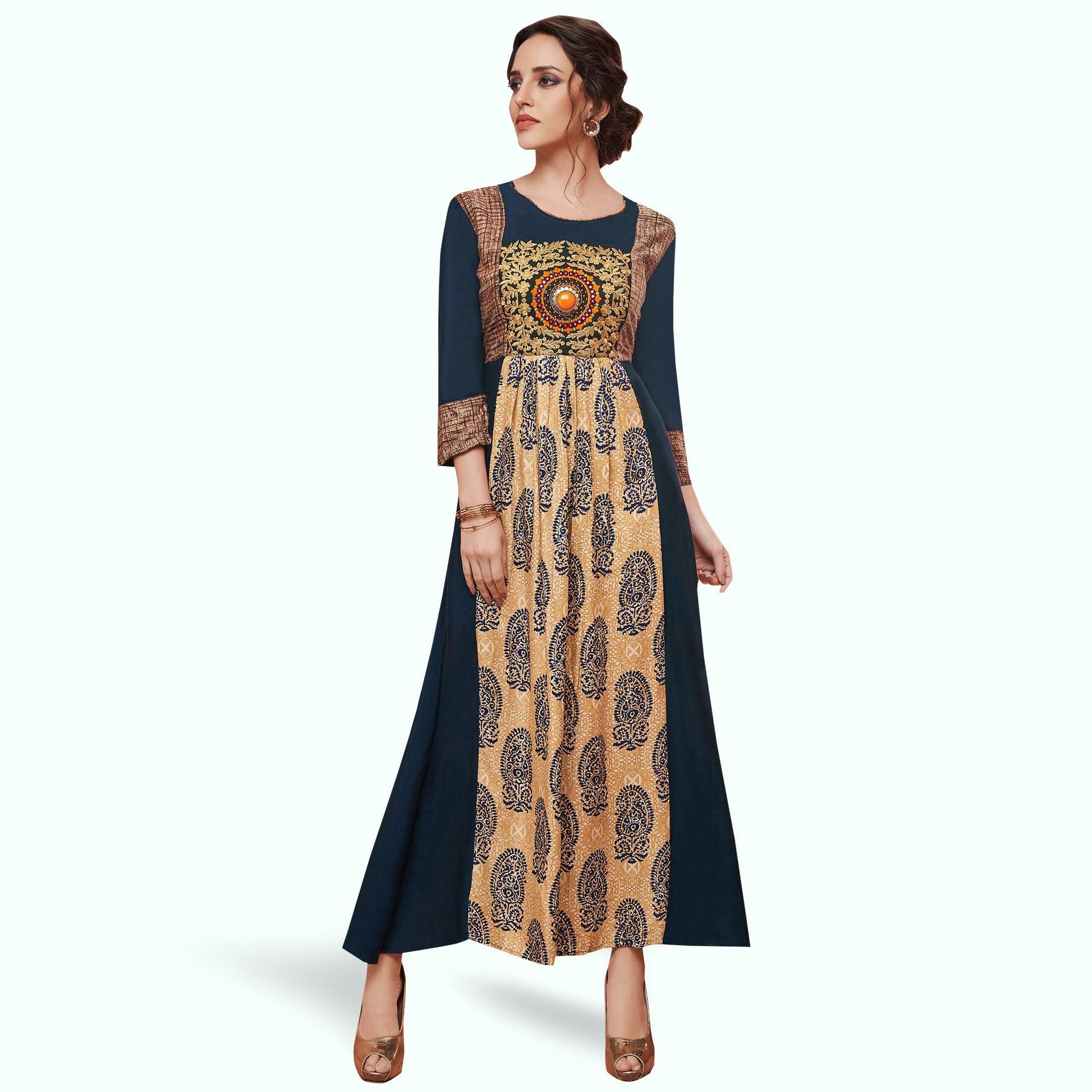 Eye-catching Blue-Beige Colored Partywear Embroidered Rayon Kurti