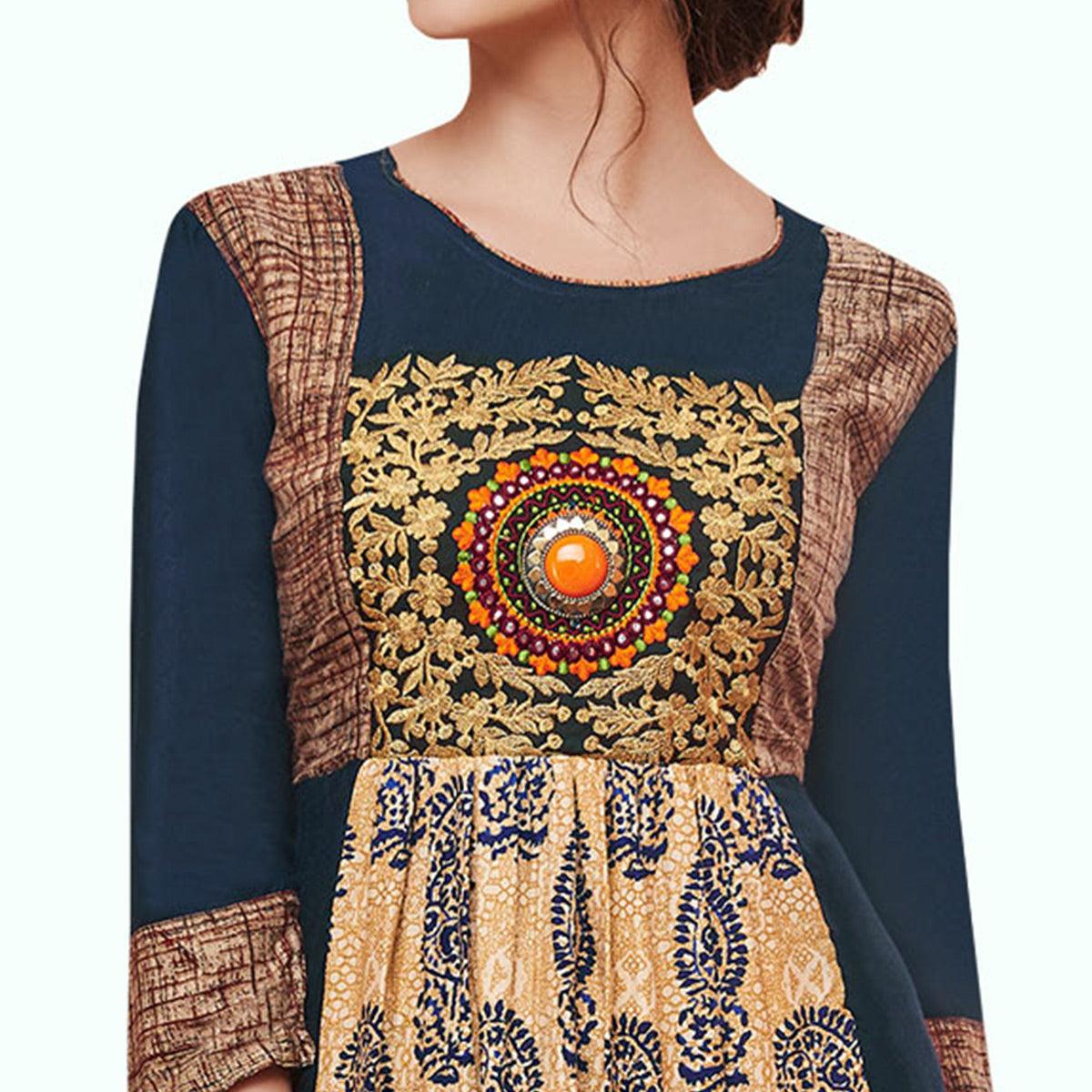 Eye-catching Blue-Beige Colored Partywear Embroidered Rayon Kurti