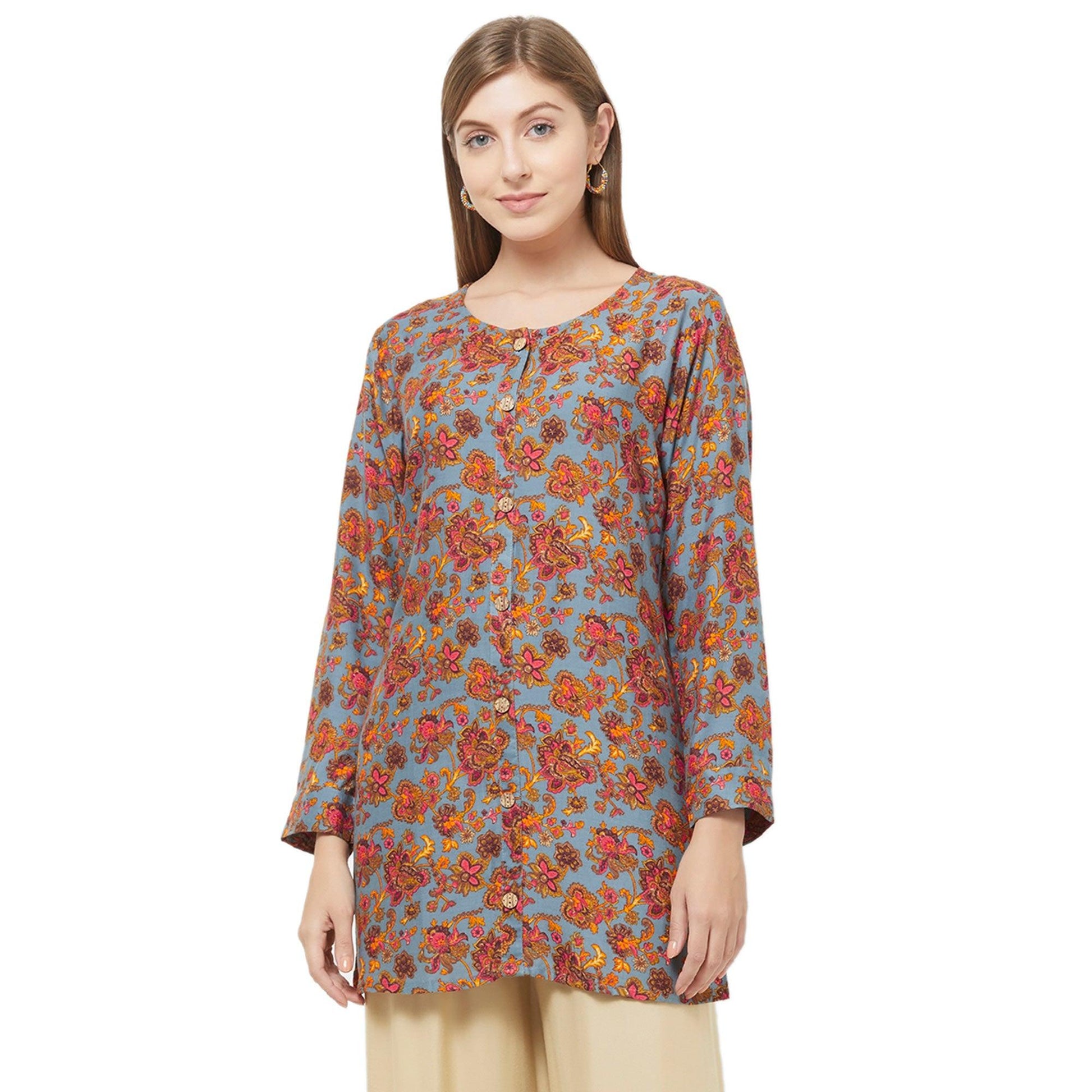 Eye-Catching Blue Colored Casual Printed Rayon Western Top