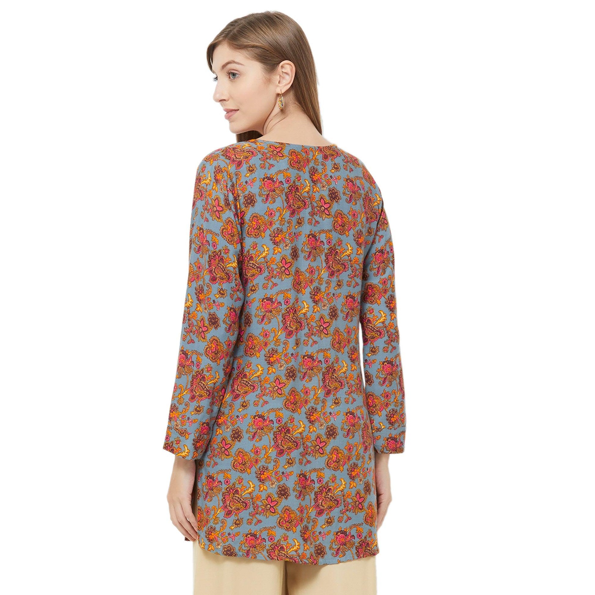 Eye-Catching Blue Colored Casual Printed Rayon Western Top