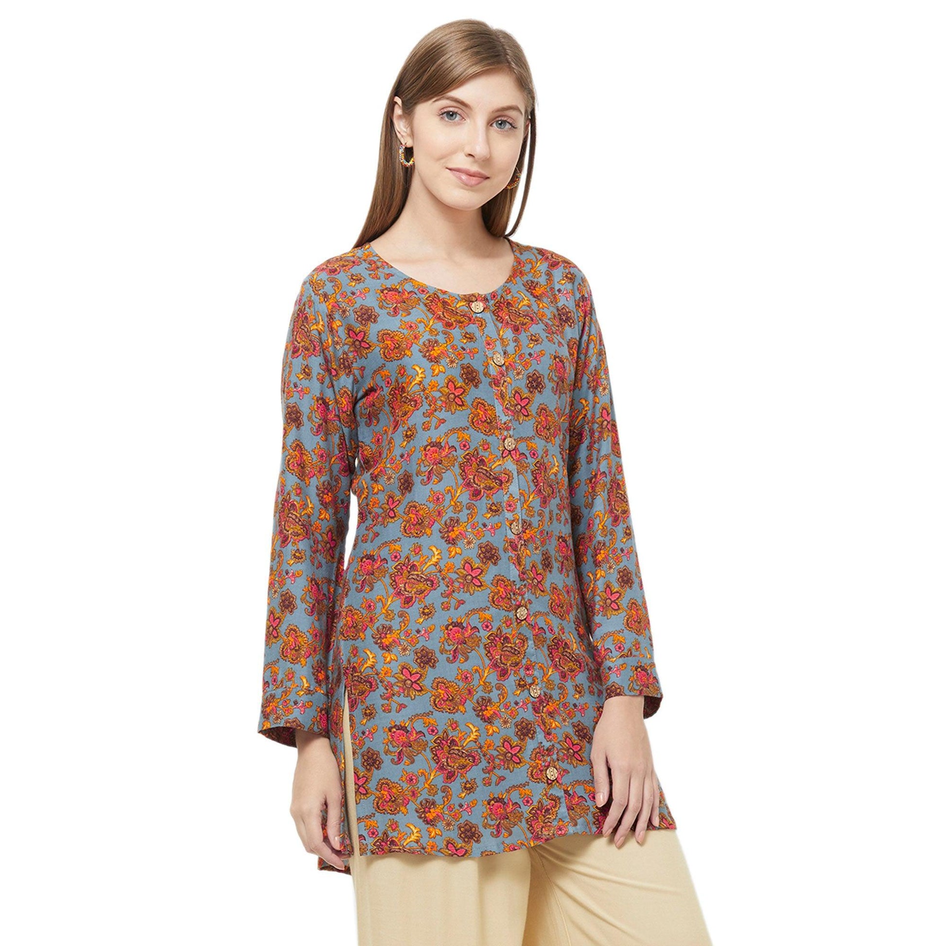 Eye-Catching Blue Colored Casual Printed Rayon Western Top
