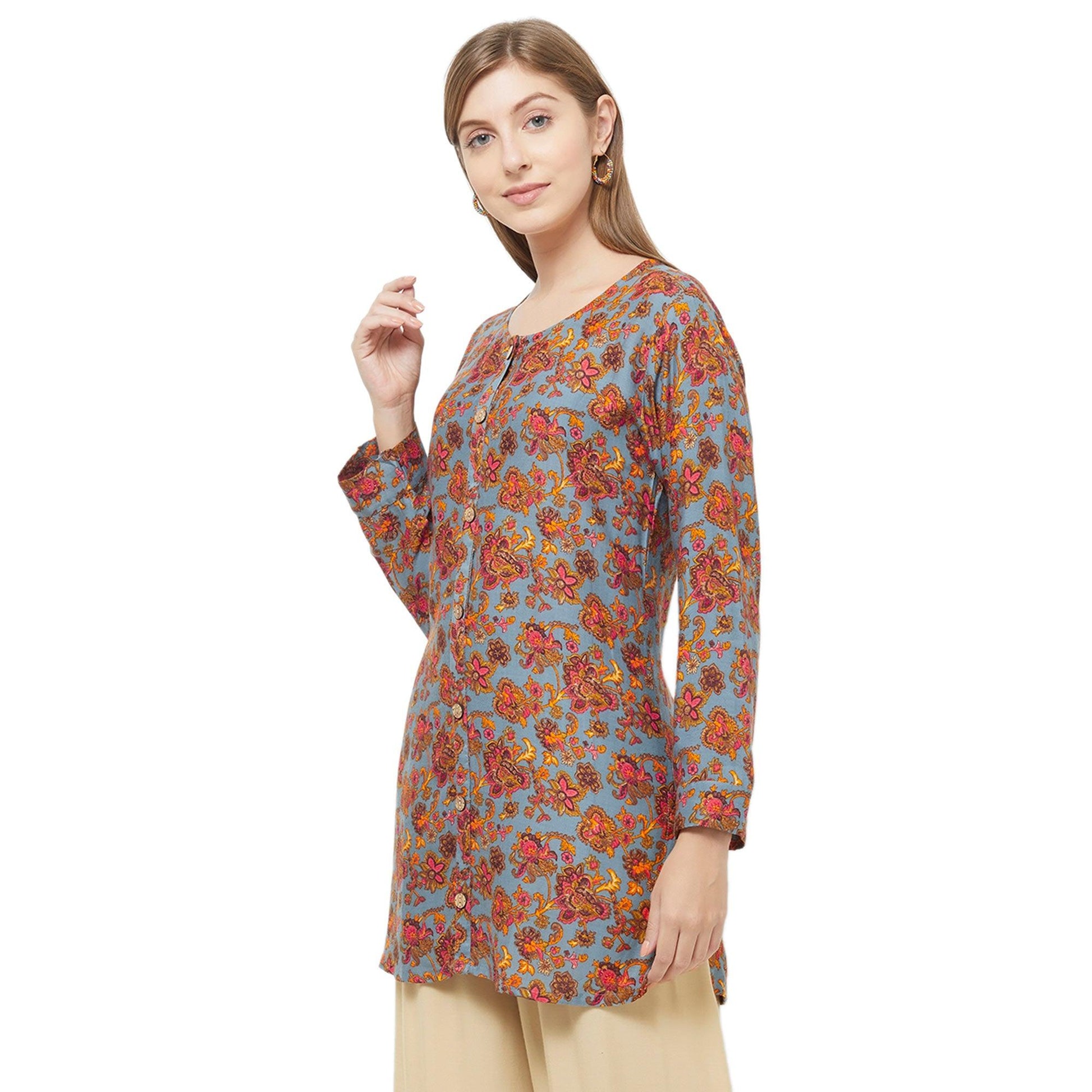 Eye-Catching Blue Colored Casual Printed Rayon Western Top