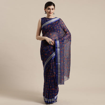 Eye-catching Blue Colored Casual Wear Floral Printed Cotton Silk Saree