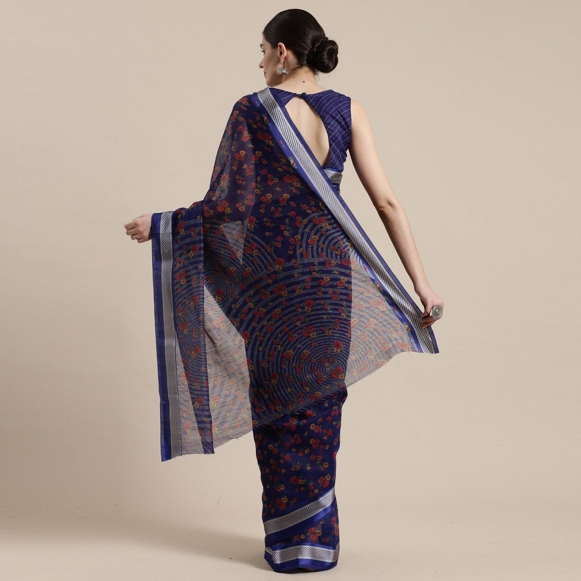 Eye-catching Blue Colored Casual Wear Floral Printed Cotton Silk Saree