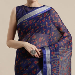 Eye-catching Blue Colored Casual Wear Floral Printed Cotton Silk Saree
