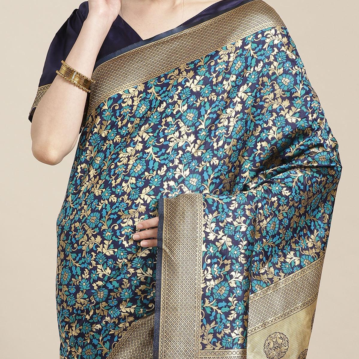 Eye-catching Blue Colored Festive Wear Woven Silk Blend Saree