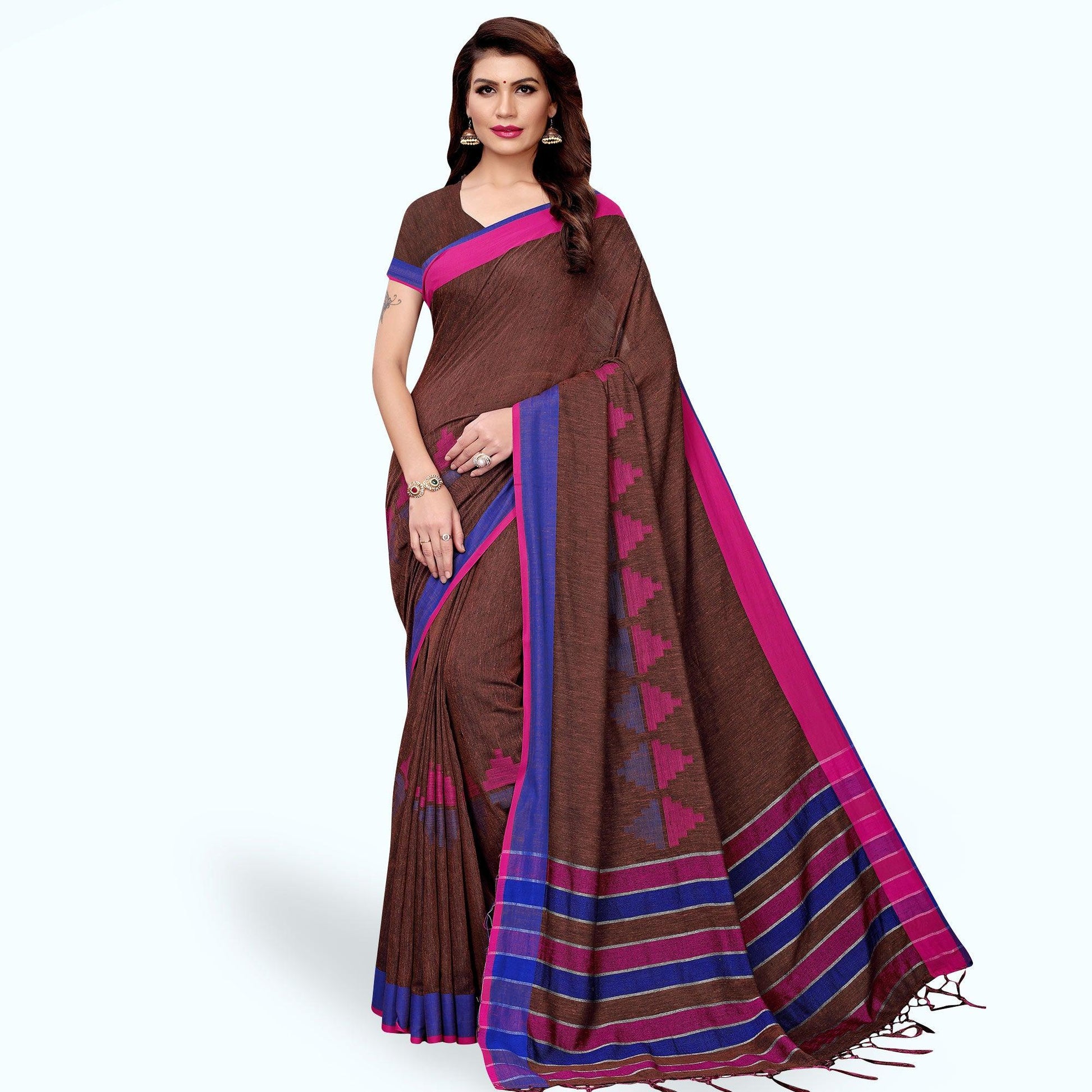 Eye-catching Brown Colored Casual Printed Wear Linen Saree