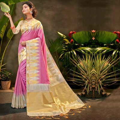 Eye-catching Cream Coloured Festive Wear Woven Silk Saree