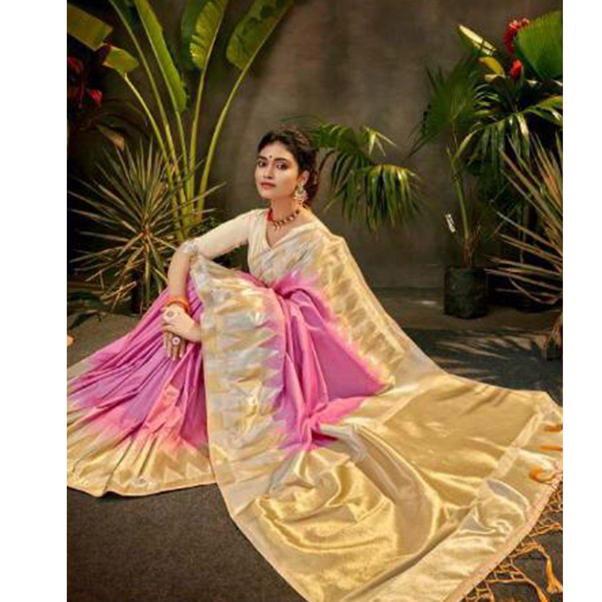 Eye-catching Cream Coloured Festive Wear Woven Silk Saree