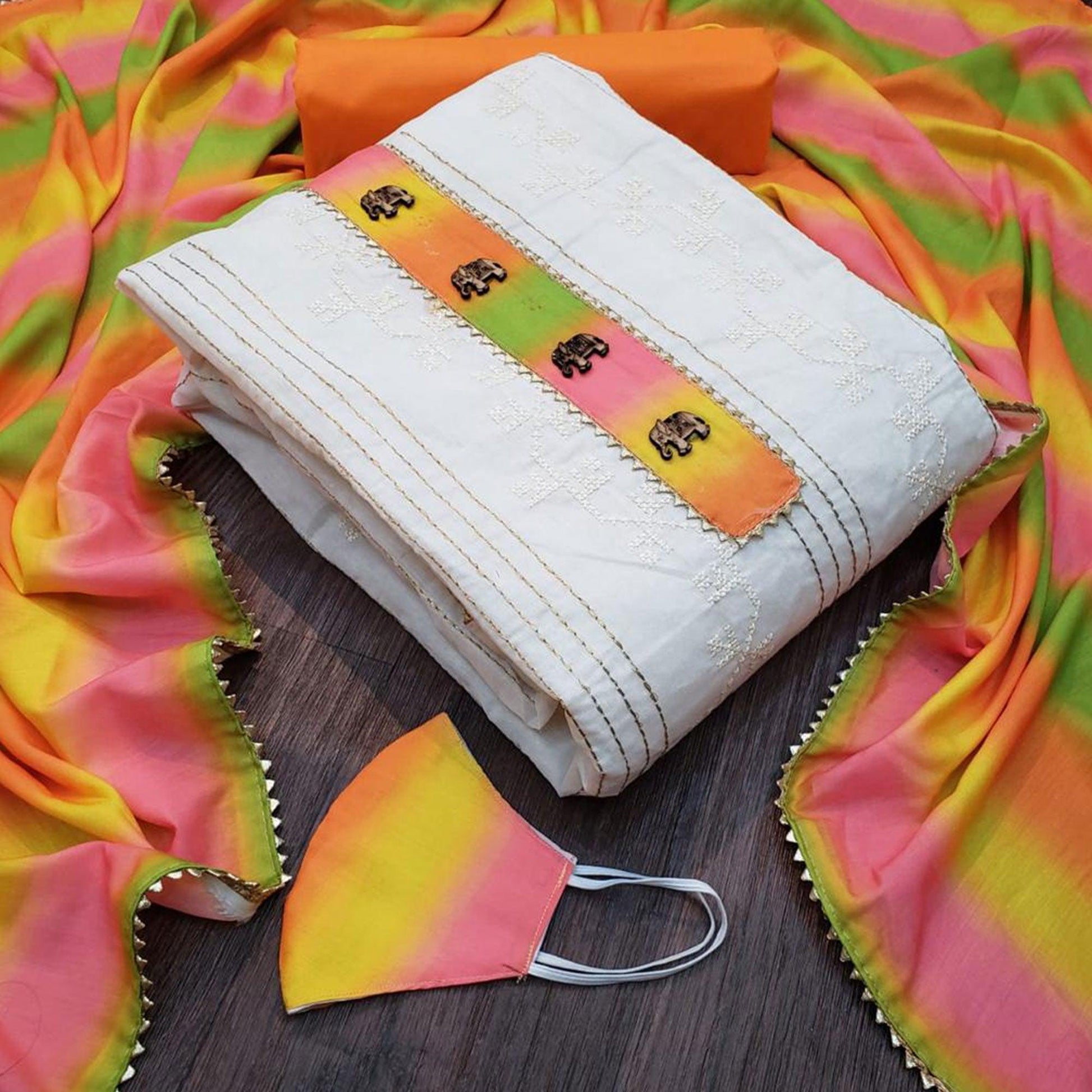 Eye-catching Cream - Orange Colored Casual Wear Embroidered Modal Chanderi Dress Material