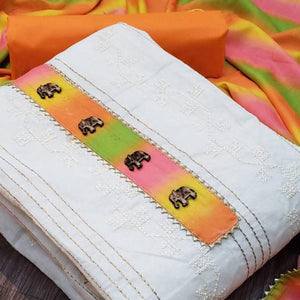 Eye-catching Cream - Orange Colored Casual Wear Embroidered Modal Chanderi Dress Material