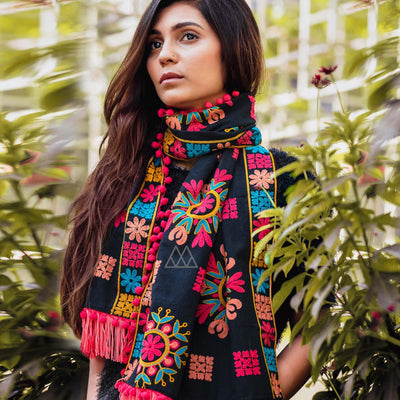 Eye-catching Dark Navy Blue Colored Embroidered Khadi Muffler Stole