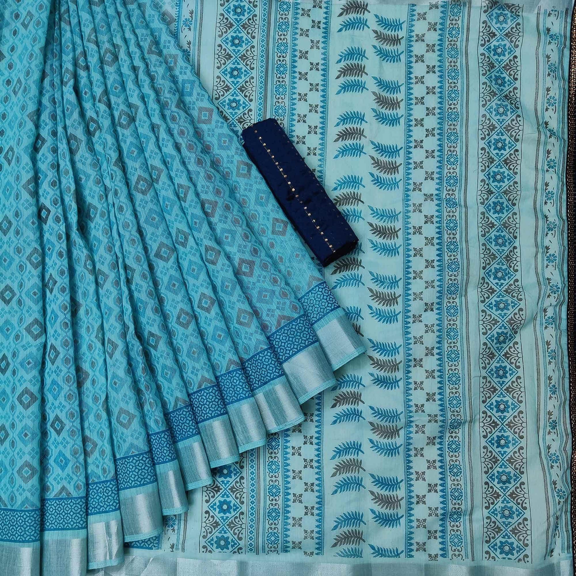 Eye-catching Ferozi Colored Casual Wear Printed Cotton Saree