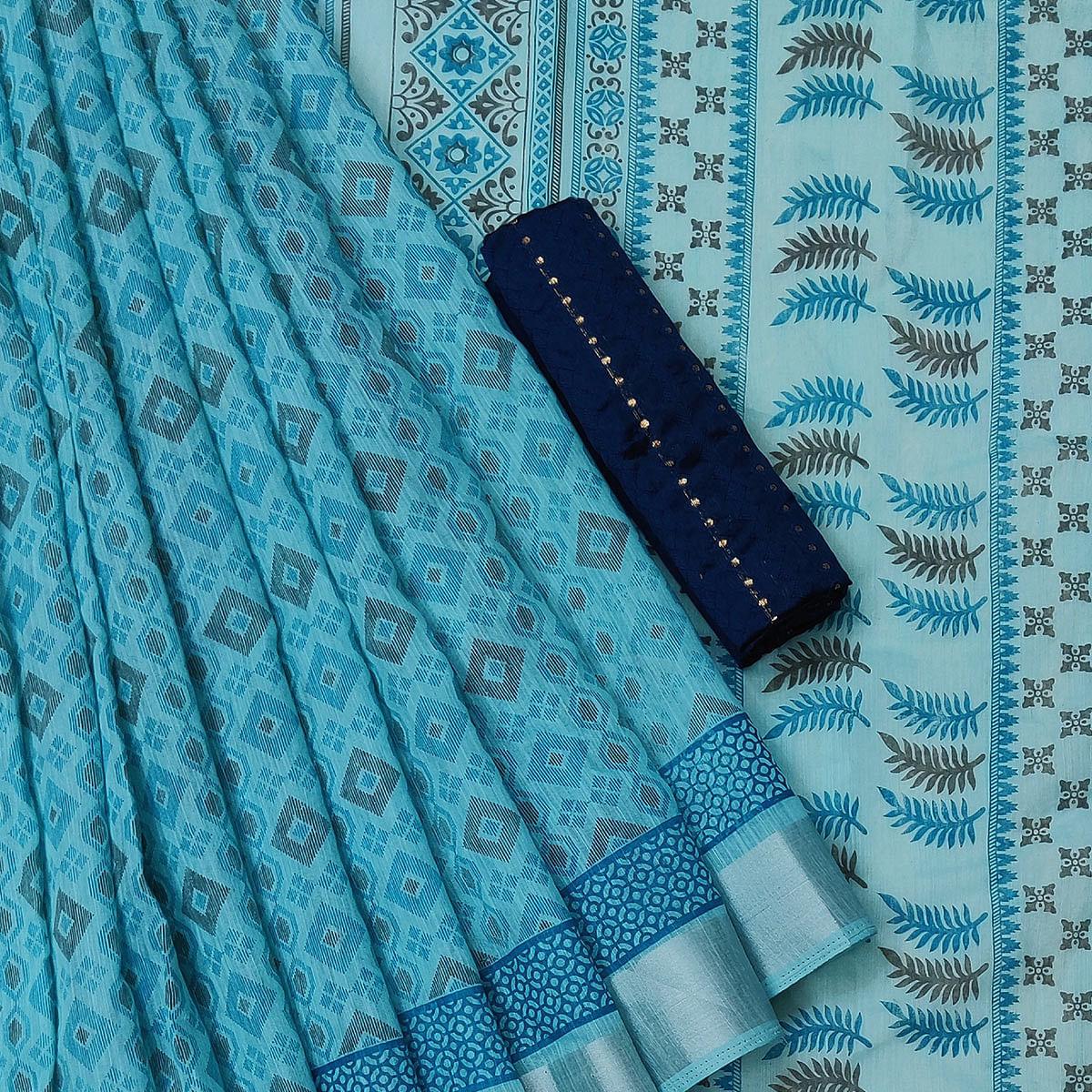 Eye-catching Ferozi Colored Casual Wear Printed Cotton Saree