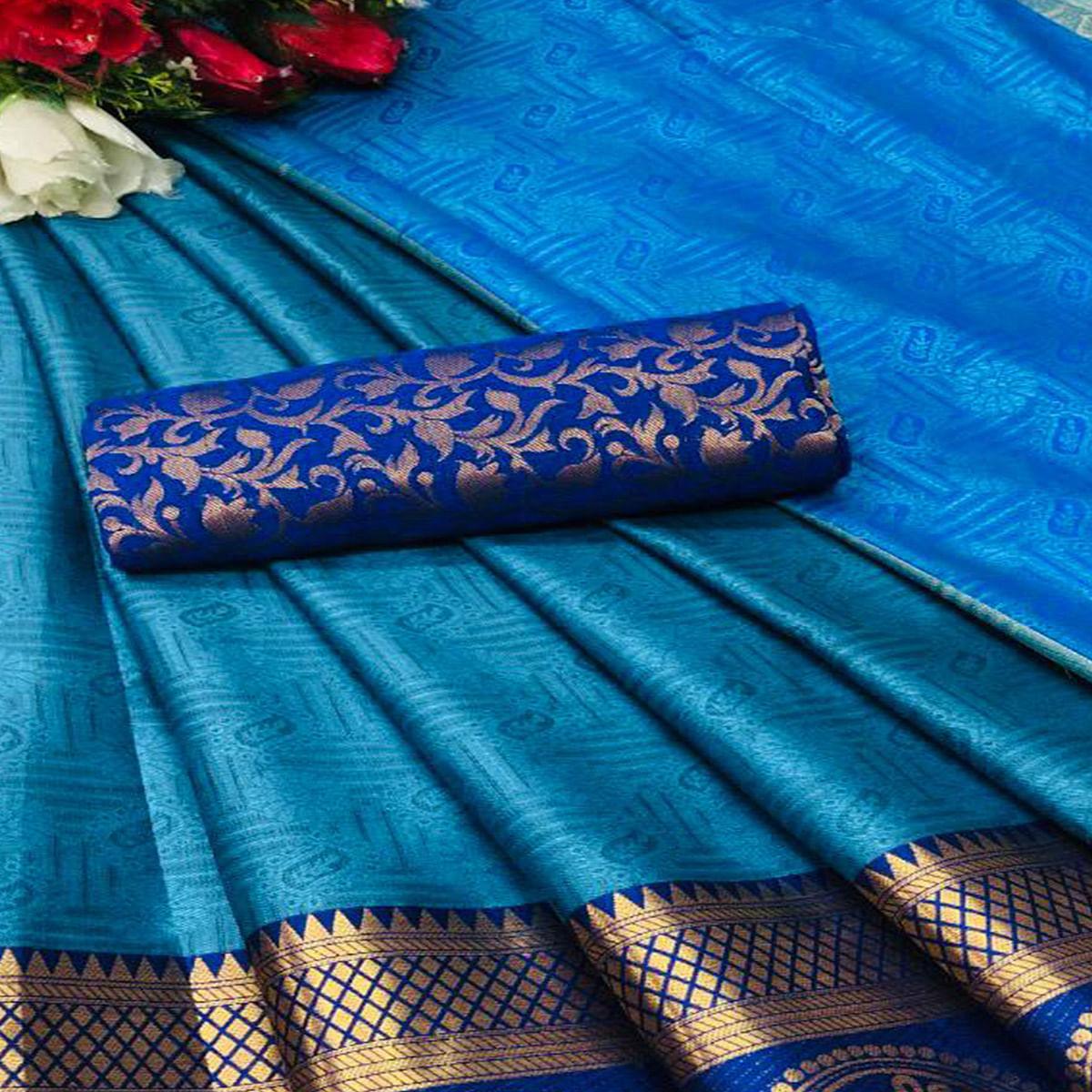 Eye-catching Firoji Coloured Casual Wear Printed Self Cotton Silk Saree