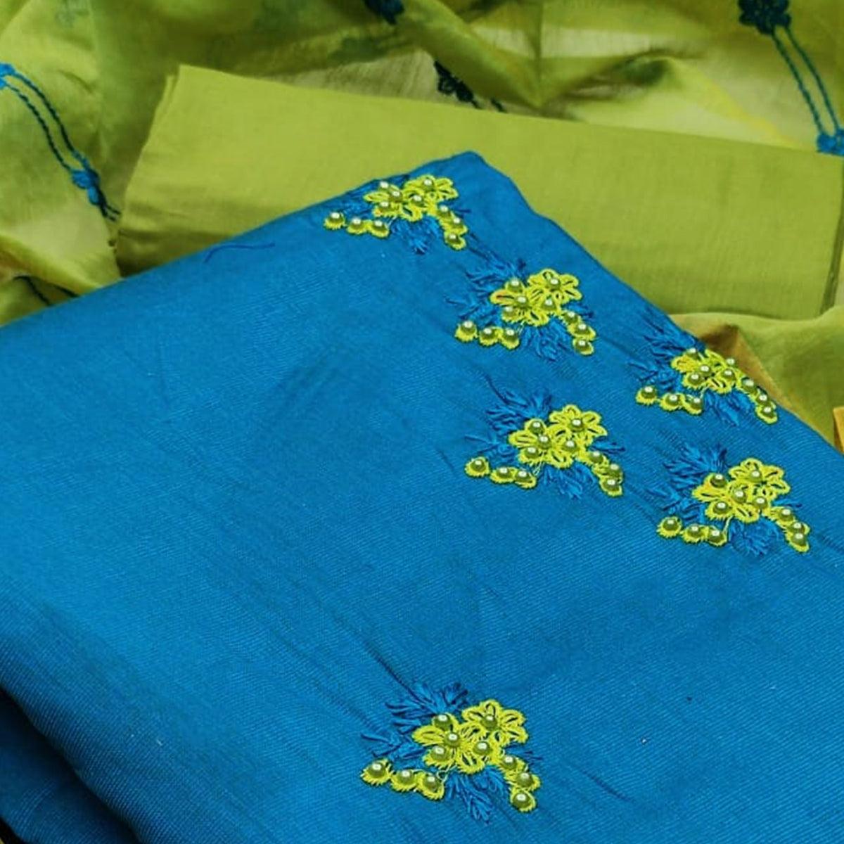 Eye-catching Firozi Colored Casual Wear Embroidered Cotton Dress Material