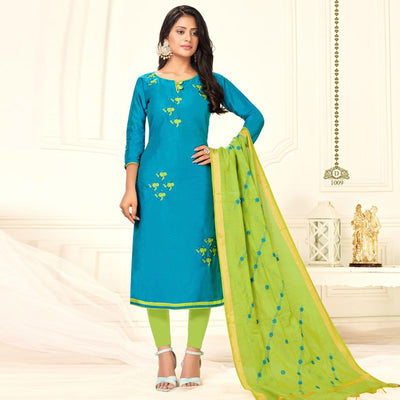 Eye-catching Firozi Colored Casual Wear Embroidered Cotton Dress Material
