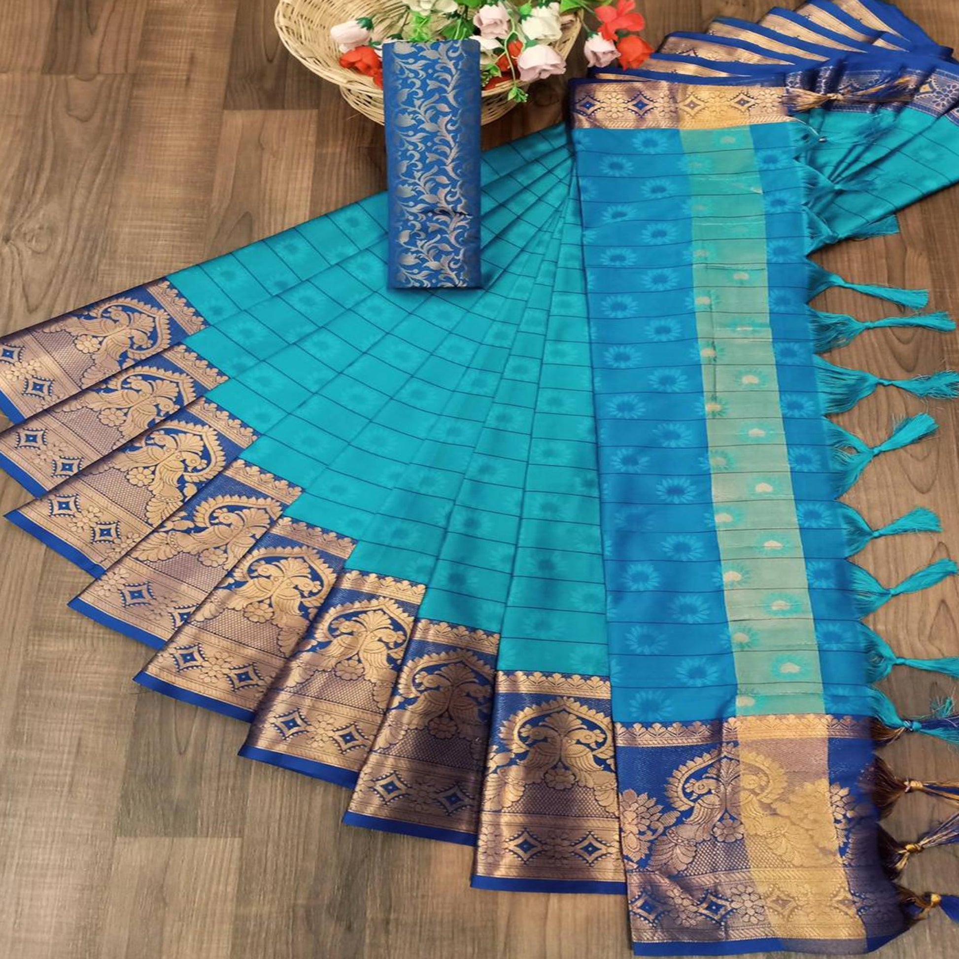 Eye-catching Firozi Colored Festive Wear Woven Cotton Silk Saree
